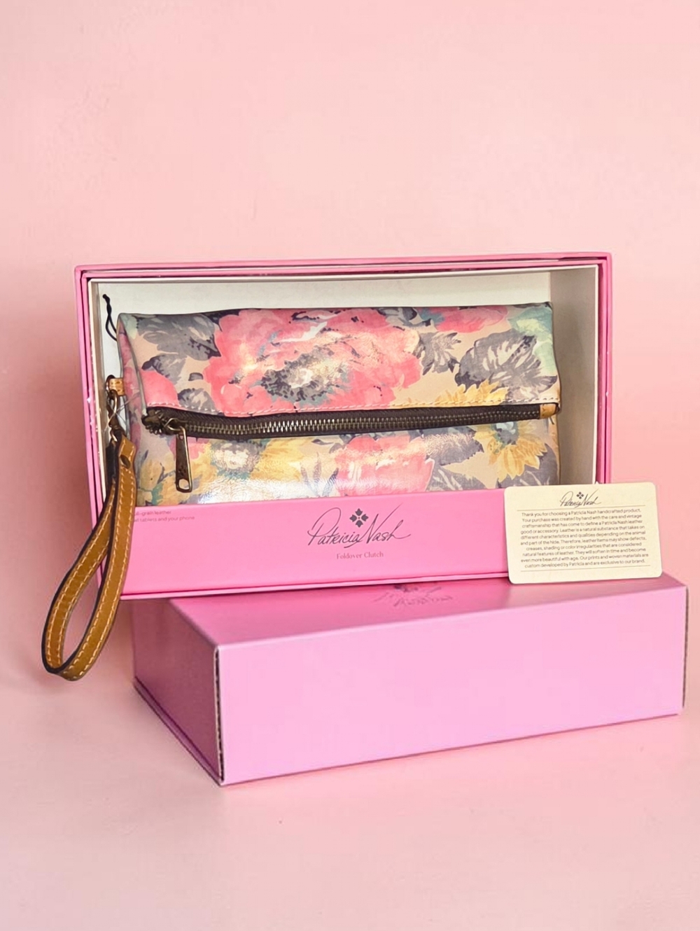 Patricia Nash First Bloom Floral Leather Wristlet in Pink Multi with Tan Strap